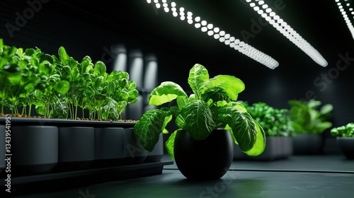 Lush green plant thriving under bright artificial lights in a modern indoor garden setup, showcasing hydroponic growth.