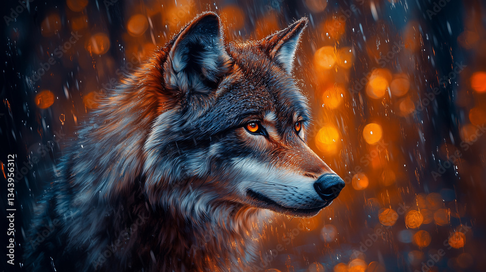 Fototapeta A majestic wolf stands proudly amidst a mystical, glowing forest, exuding strength and mystery