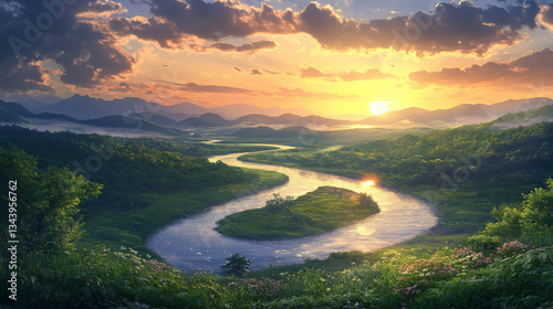 A sinuous river meanders gracefully through a tranquil and picturesque countryside, where the ethereal hues of the heavens blend