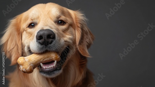 A joyful golden retriever holding a chew bone in its mouth, set against a dark background, radiating happiness