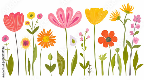 Colorful spring flowers illustration; garden blooms; white background; design element; greeting card