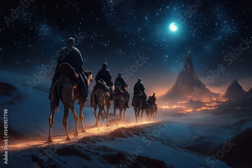 Three Wise Men Journeying on Camels Under the Star of Bethlehem in a Moonlit Desert Night Scene