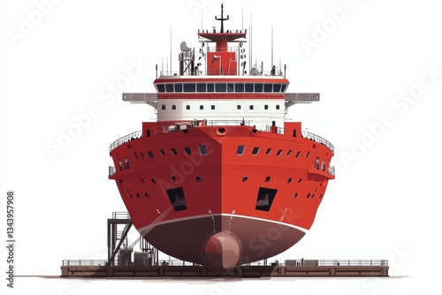 Bright Red Icebreaker Ship Docked in Port with Strong Structure