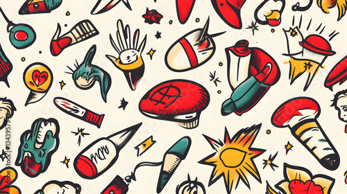 Colorful tattoo flash design seamless pattern; various bold illustrations; background for web, print, fabric