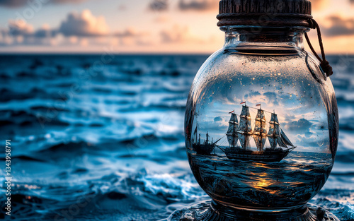 A majestic ship is captured inside a glass bottle, with a vast ocean and dramatic sky in the backdrop, creating a captivating miniature seascape scene.