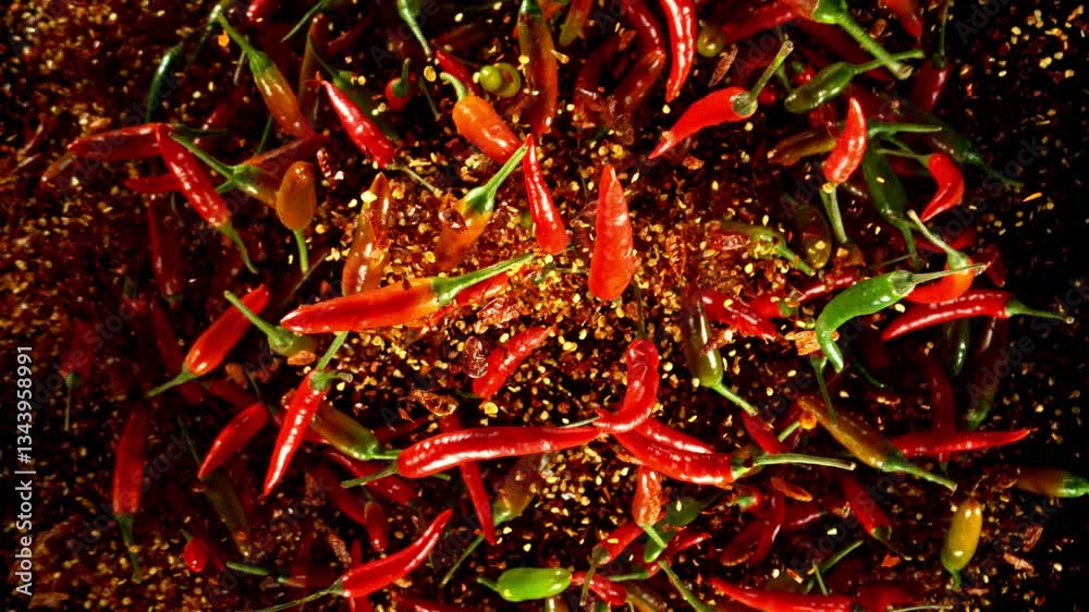Super slow motion of flying red hot chilli peppers isolated on black background. Overhead view, filmed on high speed cinema camera, 1000 fps. Ultimate perspective of flying food. 