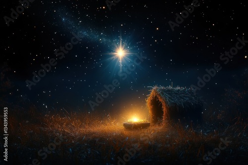 Christmas Nativity Scene Wooden Manger Birth of Jesus Christ Cosmic Night Sky Star Hope Salvation Emmanuel