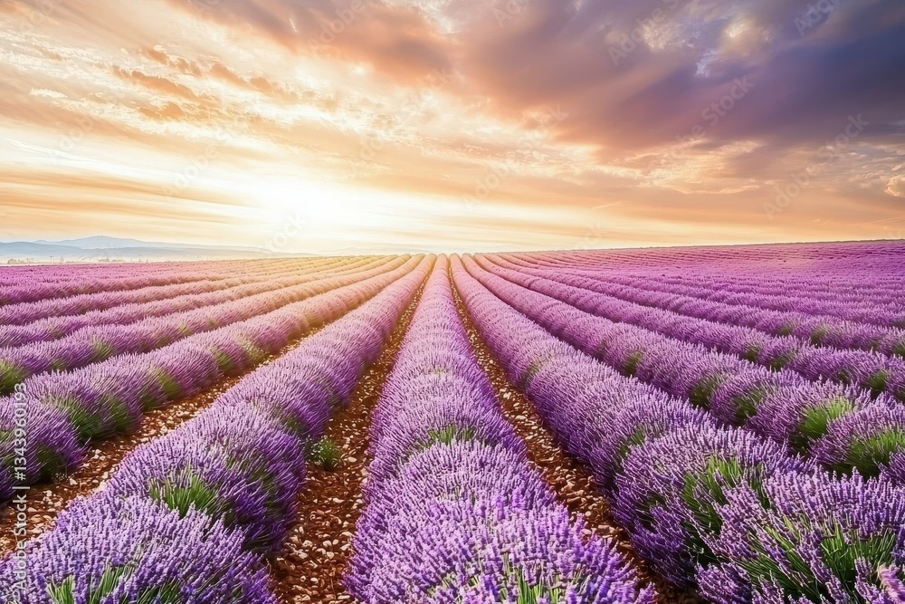 Obraz premium Lavender Field with Rows of Purple Blooms