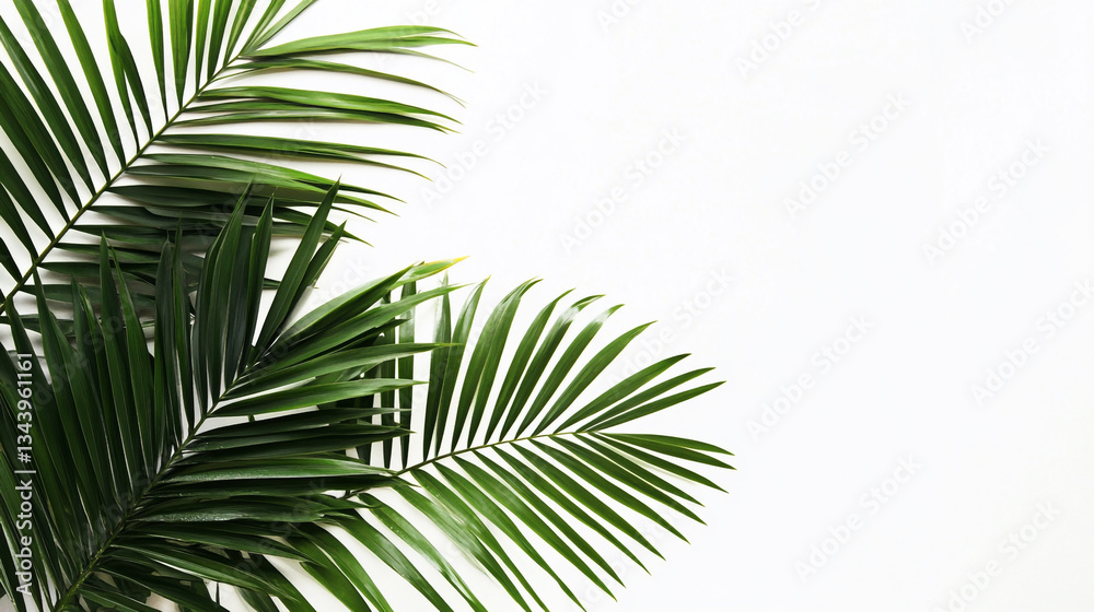 Fototapeta premium A vibrant palm tree branch with lush green leaves, set against a clean white background for a striking contrast