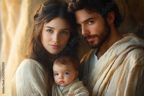 Nativity Scene of Mary Joseph and Newborn Jesus Christ Christian Family Portrait in Stable with Warm Tones and Soft Lighting
