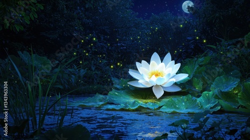 Serene Nighttime Scene with a Giant Illuminated Water Lily and Shimmering Fireflies