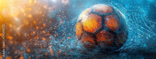Soccer Ball in Net with Motion and Vibrant Colors in 3D Rendering