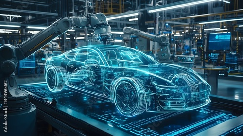 Robotic arm assembling a car in a factory using augmented reality.