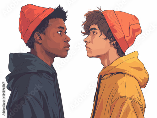 Two young men looking at each other, side view. Vector illustration