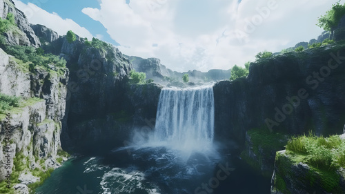 Grand Waterfall Plunging Into a Deep Canyon Surrounded by Cliffs