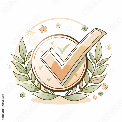 A hand-drawn illustration of a checkmark surrounded by leaves and floral elements, representing approval, success, and organic growth, ideal for eco-friendly business branding and wellness themes.