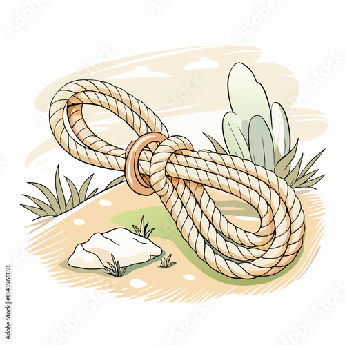 A detailed illustration of a tightly knotted rope on a natural landscape, symbolizing strength, connection, and support in outdoor activities, craftsmanship, and adventure scenarios.