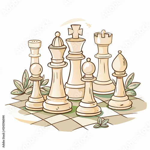A full set of chess pieces on a board with nature around, representing strategic thinking, competition, intelligence, and board gaming.
