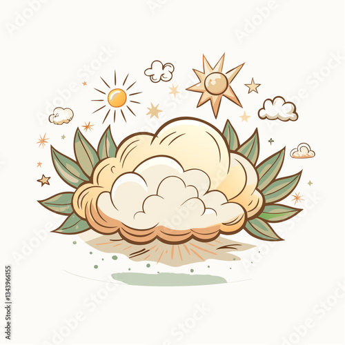 Whimsical illustration of a fluffy cloud surrounded by sun, stars, and greenery, showcasing a dreamy atmosphere, perfect for children's decor or creative projects.