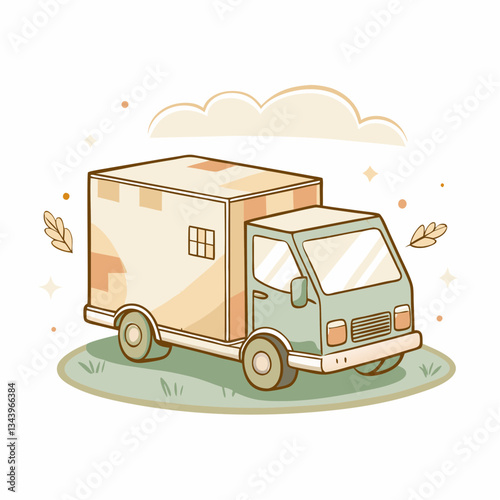 A cute delivery truck illustration in a pastel color palette, featuring a charming design, ideal for representing logistics, transportation, and home delivery services in digital media.