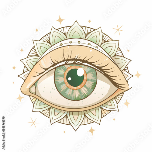 An artistic eye illustration surrounded by a decorative mandala design, representing perception and insight, ideal for spiritual themes, meditation, and mindfulness-related content.