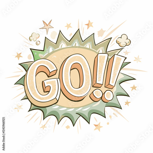 Dynamic "GO!" graphic illustration with vibrant colors and explosion effect, representing motivation, encouragement, and the drive to take action in various creative projects and marketing materials.