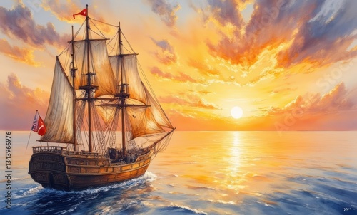 Historic ship sailing at sunset