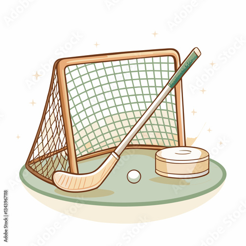 Illustration of a hockey goal with a stick and puck on a green surface, conveying the excitement of ice hockey, sportsmanship, and the thrill of playing hockey.