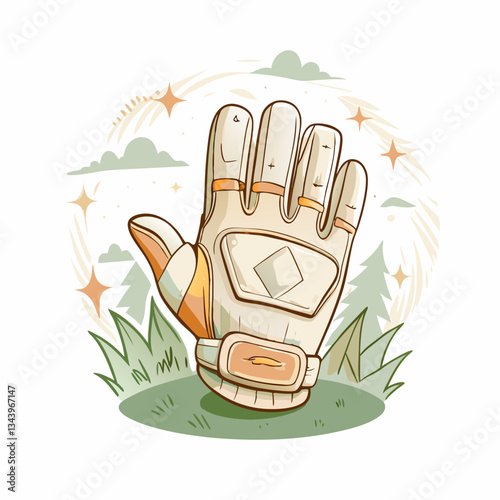 A colorful cartoon baseball glove illustrated against a lush green grassy background, representing sports equipment design for baseball lovers, enthusiasts, and active play.