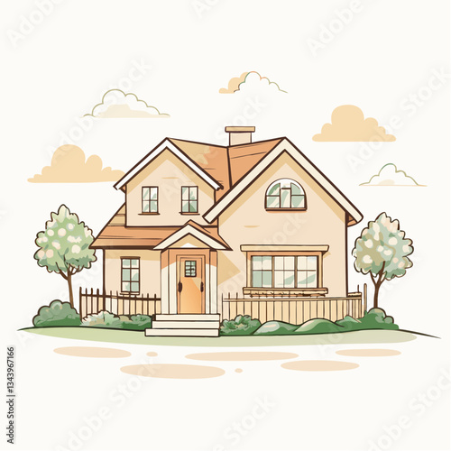 A cozy house surrounded by trees and a picket fence, symbolizing home, family, real estate, and suburban residential living.
