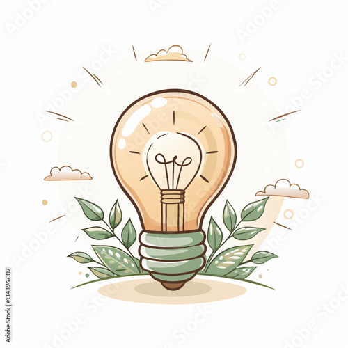A glowing lightbulb with leafy base, representing new ideas, creativity, energy efficiency, and environmentally friendly innovation.
