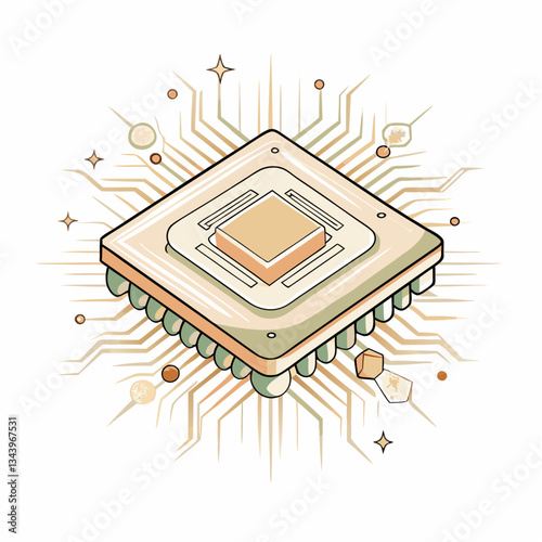 Stylized illustration of a computer chip with radiating circuit lines, embodying technological innovation, digital advancement, and modern computing, representing the foundation of electronics.