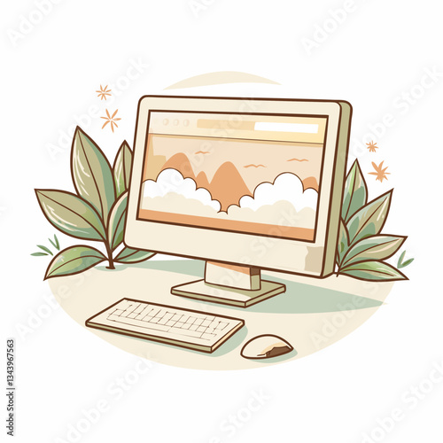 A stylized computer monitor displaying a scenic landscape with mountains and clouds, surrounded by green leaves, representing digital creativity and nature-inspired design for modern workspaces.