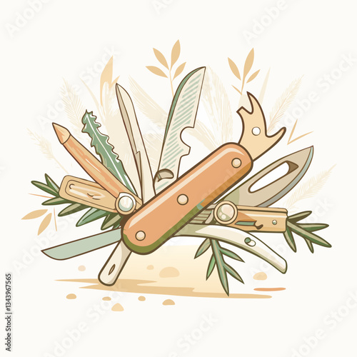 A collection of diverse multi-tools in an artistic style, featuring various blades and functionalities, symbolizing versatility and preparedness for outdoor adventures and everyday tasks.