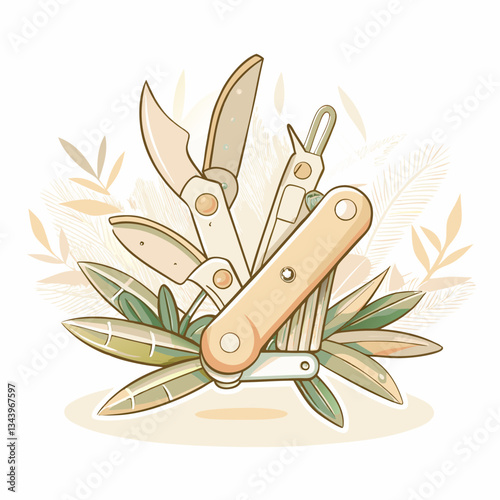 A collection of multi-functional tools surrounded by green leaves, representing versatility and utility in design, ideal for outdoor activities and craftsmanship themes.