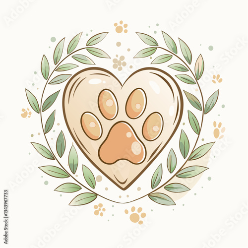 Heart-shaped paw print surrounded by greenery and playful paw prints, a creative and decorative design concept for pet lovers, animal care, and pet-themed artwork for gifts or decor.