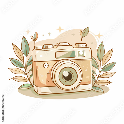 A vintage camera surrounded by greenery, a charming illustration capturing the essence of photography, creativity in design, perfect for art projects, scrapbooking, and social media use.