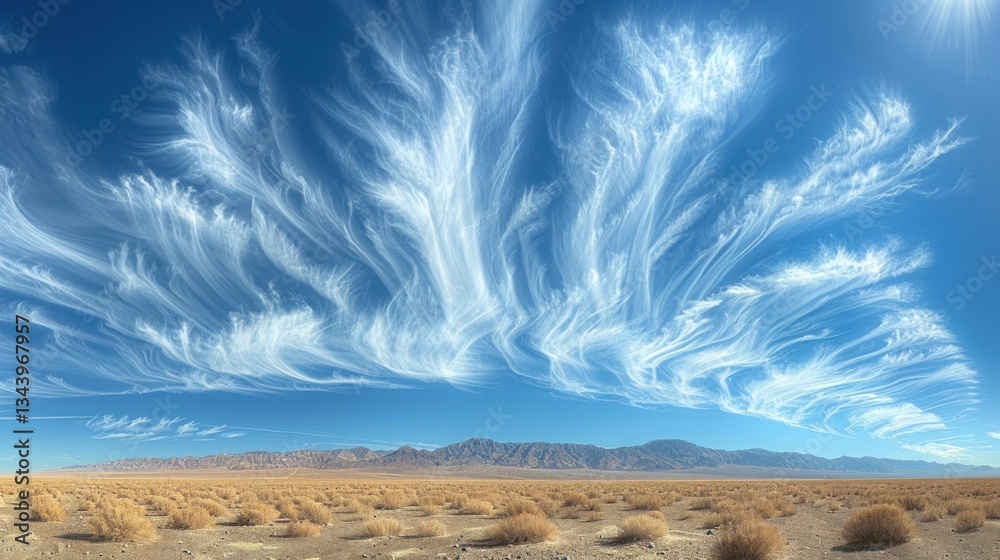 Fototapeta premium Panoramic view of surreal cirrus clouds over arid landscape horizon scenery