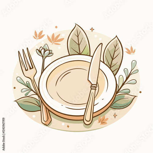 A dinner plate with fork and knife on each side, symbolizing mealtime, dining, food service, restaurants, or formal eating setups.
