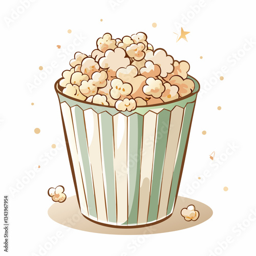 A colorful striped popcorn bucket filled with fluffy popcorn, representing the joyous experience of movie nights, celebrations, and events centered around entertainment and snacks.