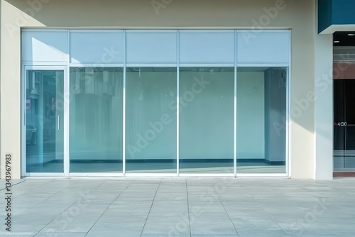 Empty retail storefront with large glass windows and minimal design