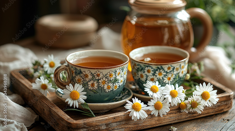 Enjoying a calming moment with herbal tea and chamomile flowers on a cozy wooden tray. Enjoying a calming moment with herbal tea and chamomile flowers on a cozy wooden tray.