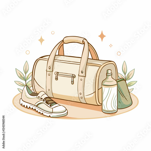 Stylish gym duffle bag with a sneaker and water bottle, showcasing fitness lifestyle essentials, conveying readiness for active routines and healthy living, perfect for workout motivation.