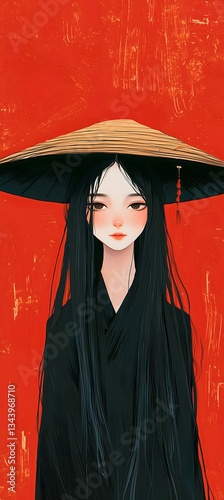 Anime girl with wide-brimmed hat against red background