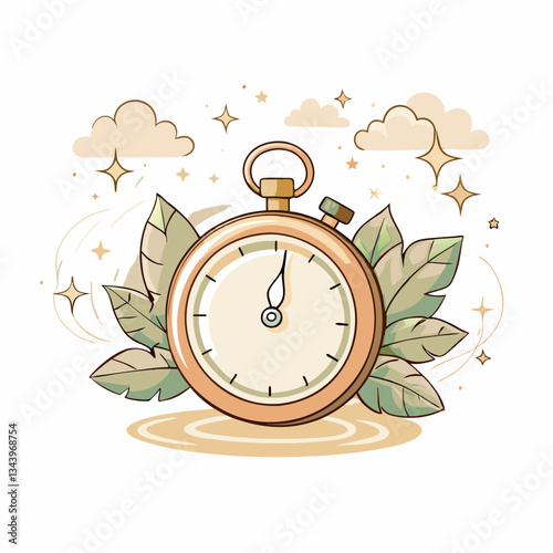 A vintage stopwatch surrounded by decorative green leaves and soft clouds, representing the concept of time management, nature's harmony, and the balance between time and tranquility.