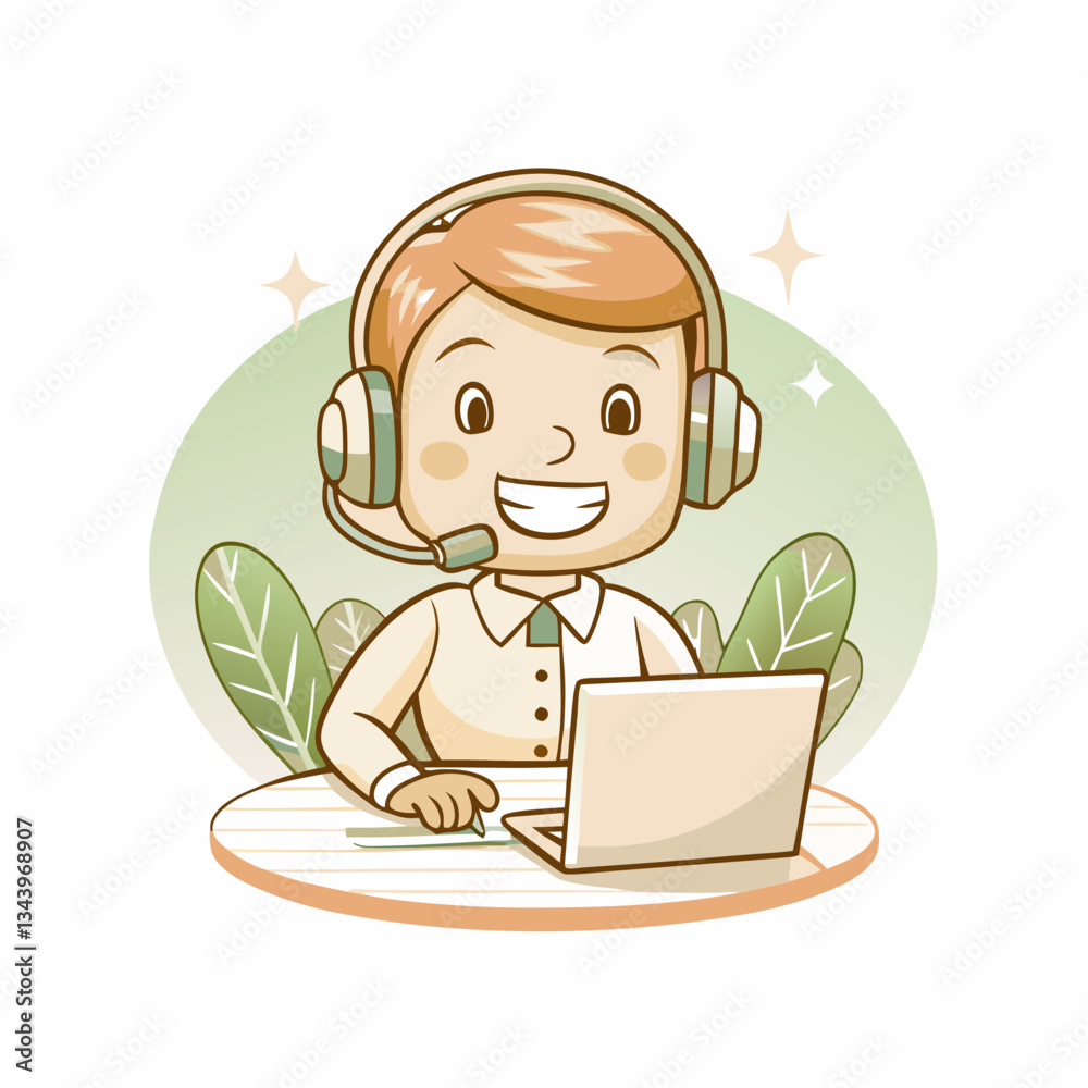 A cheerful young person wearing headphones, actively engaged in a virtual call, set against a stylish, modern workspace background, representing remote communication and customer service. A cheerful young person wearing headphones, actively engaged in a virtual call, set against a stylish, modern workspace background, representing remote communication and customer service.