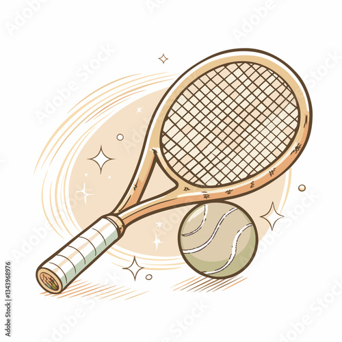 Tennis racket and ball illustration, a playful depiction of sports equipment, featuring a vibrant design, showcasing the excitement of tennis, perfect for sports-related graphics and merchandise.