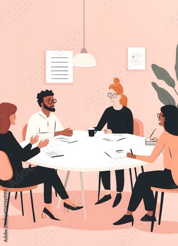 Four colleagues sit around a table in a meeting.