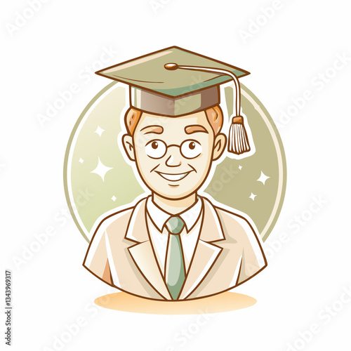 A cheerful graduated man in a cap and gown smiling confidently against a soft green background, symbolizing academic achievement and celebration of educational success.