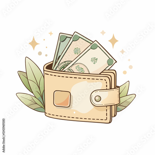 Illustration of a beige wallet filled with cash and adorned with green leaves, symbolizing financial security and prosperity, ideal for representing savings, budgeting, and wealth management concepts.